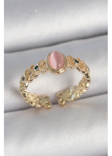 Erb Pirinç Gold Renk Zirkon Taş Detaylı Pembe Mineli Damla Model Ayarlanabilir Kadın Yüzük