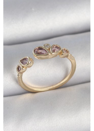 Erb Pirinç Gold Renk Pembe Damla Zirkon Taşlı Ayarlanabilir Kadın Yüzük