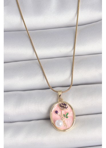 Erb 316L Çelik Gold Renk Zincir Pembe Çiçek İşlemeli İnci Detay Portre Model Kadın Kolye