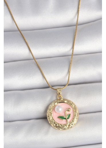 Erb 316L Çelik Gold Renk Zincir Pembe Çiçek İşlemeli Inci Detay Portre Model Kadın Kolye