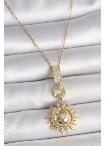 Erb 316L Çelik Gold Renk Zirkon Taşlı Sallantı Güneş Model Kadın Kolye