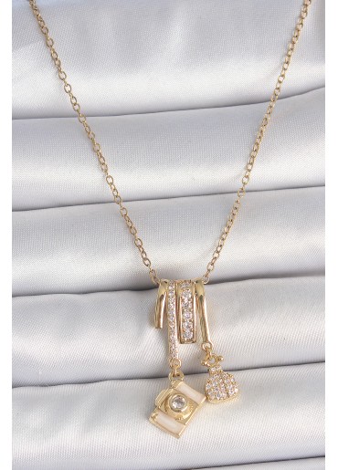 Erb 316L Çelik Gold Renk Zirkon Taşlı Sallantı Fotoğraf Makinası Figür Charm Kadın Kolye