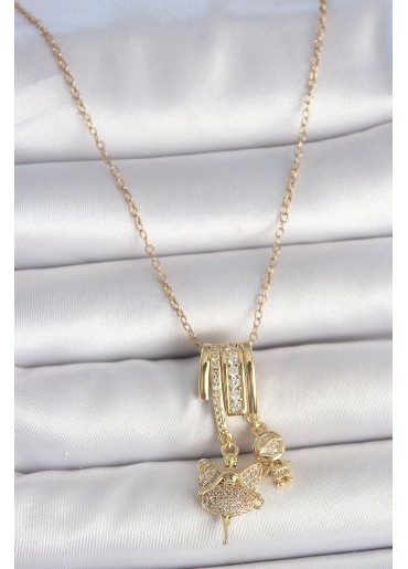 Erb 316L Çelik Gold Renk Zirkon Taşlı Sallantı Melek Figür Charm Kadın Kolye