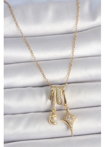 Erb 316L Çelik Gold Renk Zirkon Taşlı Sallantı Ay Yıldız Figür Charm Kadın Kolye