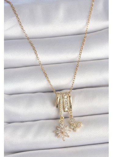 Erb 316L Çelik Gold Renk Sallantı Zirkon Taşlı Çiçek Kelebek Figür Charm Kadın Kolye