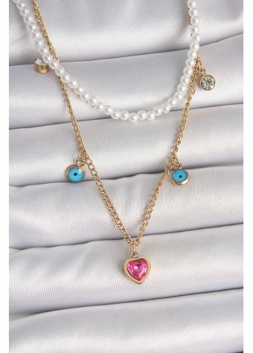 Erb 316L Çelik Gold Renk 2\'Li İnci Zincir Model Pembe Taşlı Kalp Figür Nazar Boncuk Detay Kadın Kolye