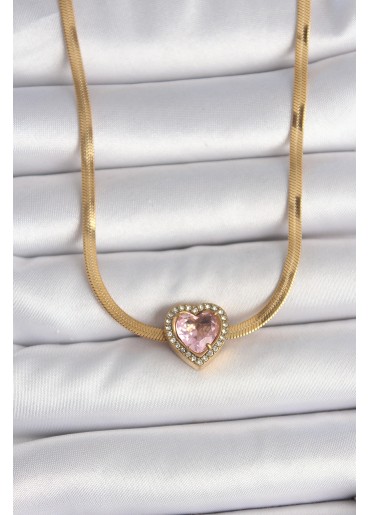Erb 316L Çelik Gold Renk İtalyan Zincir Pembe Zirkon Taşlı Kalp Model Kadın Kolye