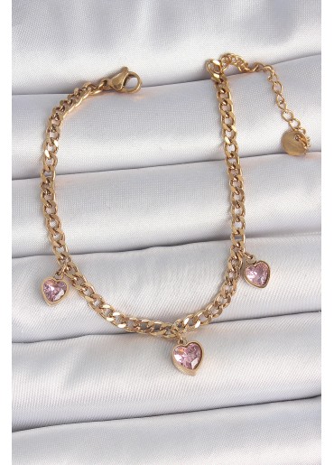 Erb 316L Çelik Gold Renk Zincir Sallantı Pembe Zirkon Taşlı Kalp Model Kadın Bileklik