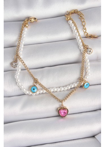 Erb 316L Çelik Gold Renk 2\'Li İncili Zincir Sallantı Pembe Kalp Model Nazar Boncuk Detay Kadın Bileklik