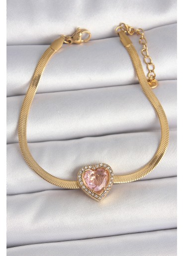 Erb 316L Çelik Gold Renk İtalyan Zincir Pembe Zirkon Taşlı Kalp Model Kadın Bileklik