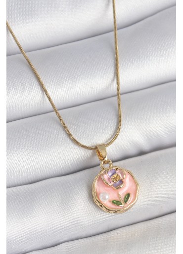 Erb 316L Çelik Gold Renk Zincir Pembe Minimal Çiçek İşlemeli İnci Detay Portre Model Kadın Kolye