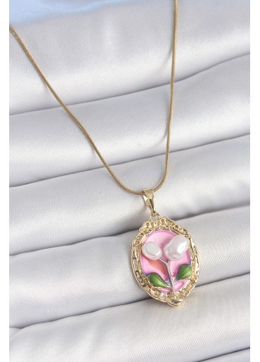 Erb 316L Çelik Gold Renk Zincir Pembe Mineli İncili Çiçek İşlemeli Portre Model Kadın Kolye