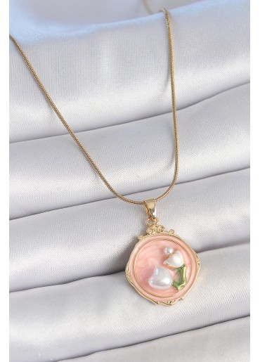 Erb 316L Çelik Gold Renk Zincir Pembe Mineli İncili Çiçek İşlemeli Portre Model Kadın Kolye
