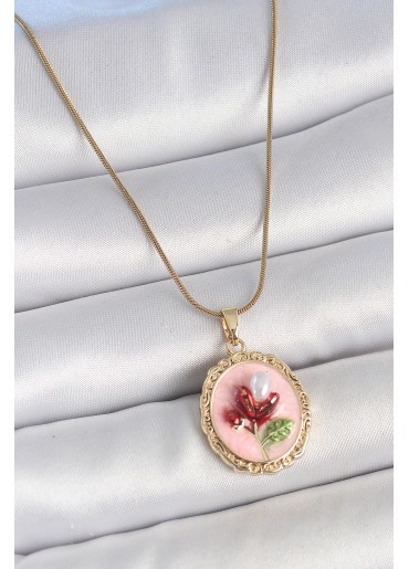 Erb 316L Çelik Gold Renk Zincir Pembe Mineli İncili Çiçek İşlemeli Portre Model Kadın Kolye