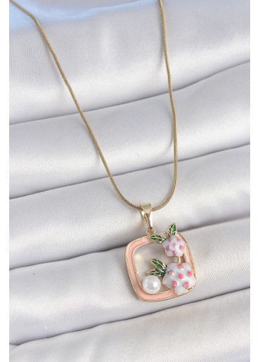 Erb 316L Çelik Gold Renk Zincir Pembe Mineli Kare Model Çiçek İşlemeli İnci Detay Kadın Kolye