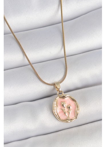 Erb 316L Çelik Gold Renk Zincir Pembe Mineli Çiçek İşlemeli Portre Model Kadın Kolye