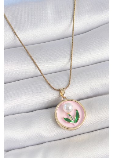 Erb 316L Çelik Gold Renk Zincir Pembe Mineli İncili Çiçek İşlemeli Portre Model Kadın Kolye