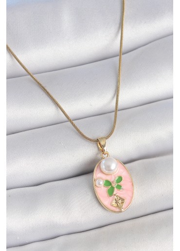 Erb 316L Çelik Gold Renk Zincir Pembe Mineli Oval İncili Çiçek İşlemeli Portre Model Kadın Kolye