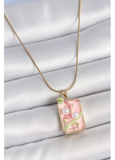 Erb 316L Çelik Gold Renk Zincir Pembe Mineli İncli Çiçek İşlemeli Portre Model Kadın Kolye