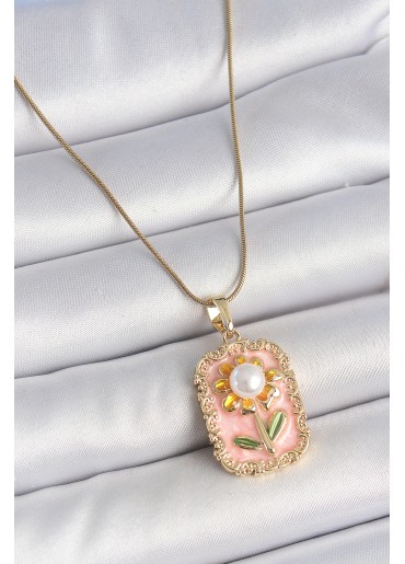 Erb 316L Çelik Gold Renk Zincir Pembe Mineli İncli Papatya Model Portre Model Kadın Kolye