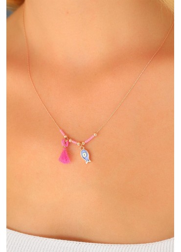 Erb Nazar Boncuklu Pembe Renk Taşlı Rose Bayan Kolye