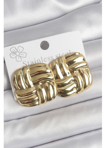 Erb 316 Çelik Gold Renk İşlemeli Kare Plaka Model Kadın Küpe
