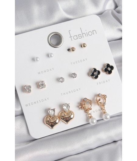 Erb Pirinç Gold Renk Zirkon Taşlı Kalp Figür Siyah Yonca Detay 7 Çift Kadın Küpe Seti