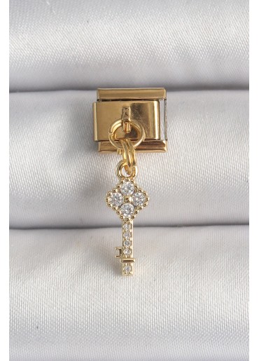 Erb 316L Çelik Gold Renk Sallantı Zirkon Taşlı Anahtar Model Nomination Charm