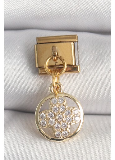 Erb 316L Çelik Gold Renk Sallantı Zirkon Taşlı Yonca Model Nomination Charm