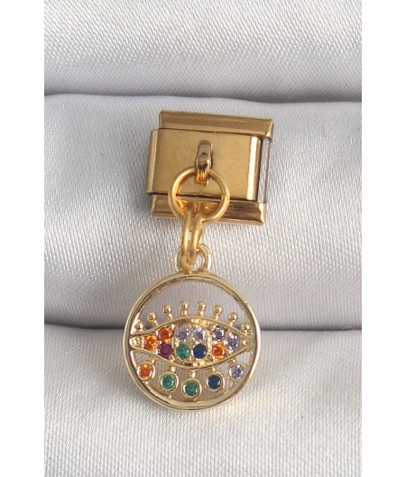 Erb 316L Çelik Gold Renk Sallantı Renkli Zirkon Taşlı Göz Model Nomination Charm