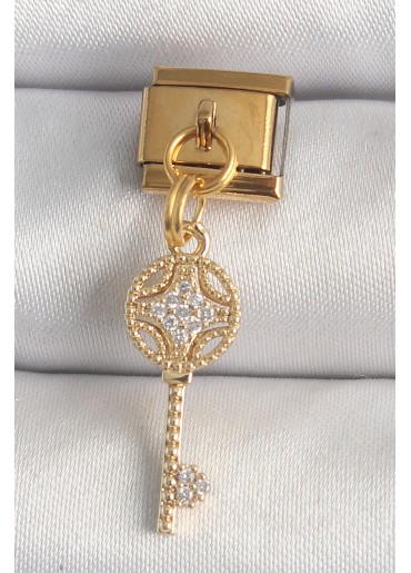 Erb 316L Çelik Gold Renk Sallantı Zirkon Taşlı Anahtar Model Nomination Charm