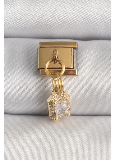 Erb 316L Çelik Gold Renk Sallantı Zirkon Taşlı Kare Model Nomination Charm