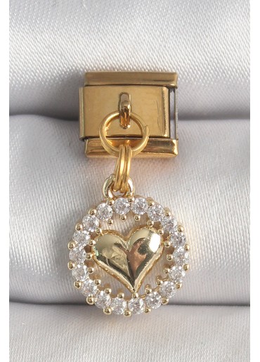 Erb 316L Çelik Gold Renk Sallantı Zirkon Taşlı Kalp Model Nomination Charm