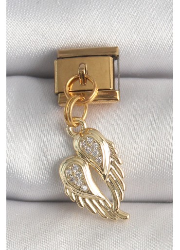 Erb 316L Çelik Gold Renk Sallantı Zirkon Taşlı Kanat Model Nomination Charm