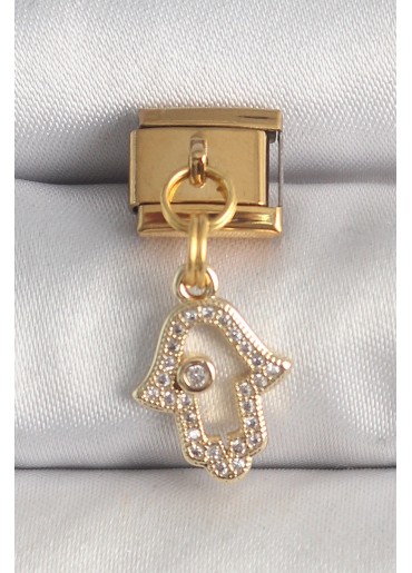 Erb 316L Çelik Gold Renk Sallantı Zirkon Taşlı Fatma Ana El Model Nomination Charm