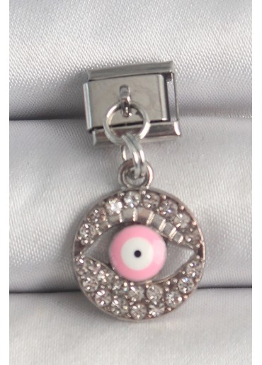 Erb 316L Çelik Gümüş Renk Sallantı Zirkon Taşlı Pembe Göz Model Nomination Charm
