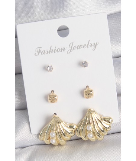 Erb Pirinç Gold Renk Zirkon Taşlı İnci Detaylı Deniz Kabuğu Model 3 Çift Kadın Küpe Seti