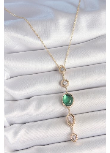 Erb Pirinç Zincir Zümrüt Yeşil Gold Renk Zirkon Taşlı Y Kolye