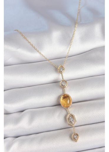 Erb Pirinç Zincir Kehribar Sarı Gold Renk  Zirkon Taşlı Y Kolye