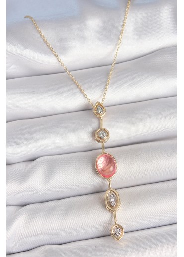 Erb Pirinç Zincir Pembe Gold Renk Zirkon Taşlı Y Kolye