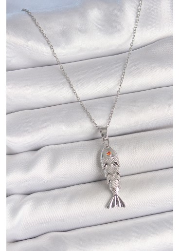 Erb 316L Çelik Zincir Gümüş Renk Zirkon Taşlı Balık Figürlü Kolye