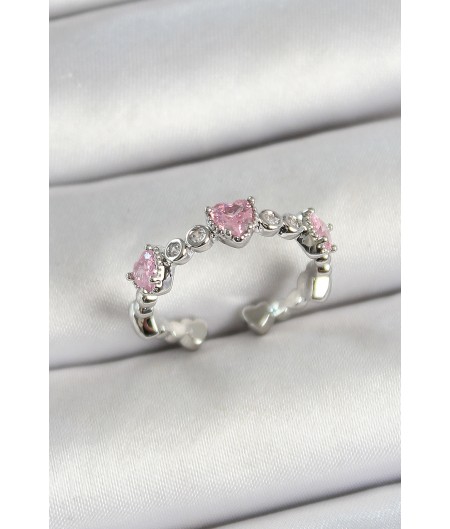 Erb Pirinç Sıralı Kalp Figürlü Zirkon Taşlı Gümüş Renk Ayarlanabilir Kadın Yüzük Erb Pirinç Sıralı Kalp Figürlü Zirkon Taşlı Gümüş Renk Ayarlanabilir Kadın Yüzük