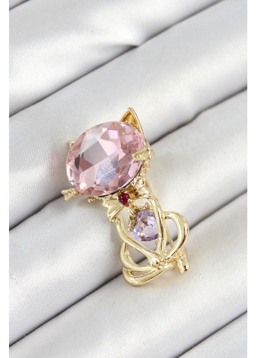 Erb Pembe Zirkon Taşlı Kap Detaylı Kedi Figürlü Gold Renk Kadın Broş