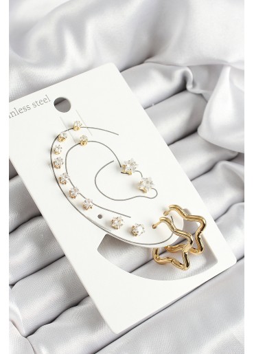 Erb 316L Çelik Yıldız Figürlü Ve Zirkon Taşlı Gold Renk 7\'li Çift Kadın Küpe Set