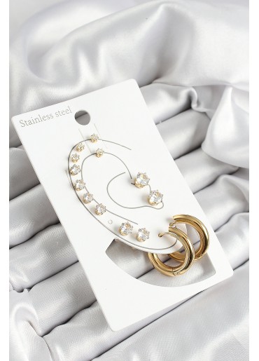 Erb 316L Çelik Halka Figürlü Ve Zirkon Taşlı Gold Renk 7\'li Çift Kadın Küpe Set