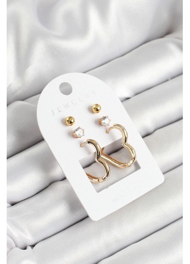 Erb Pirinç Zirkon Taş Ve Kalp Figürlü Gold Renk 3\'lü Çift Kadın Küpe Set