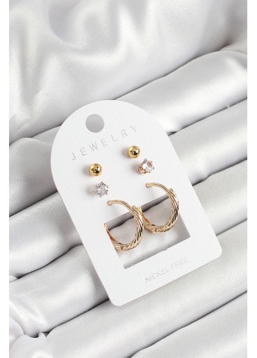 Erb Pirinç Zirkon Taş Ve Halka Figürlü Gold Renk 3\'lü Çift Kadın Küpe Set