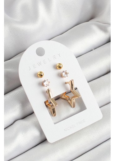 Erb Pirinç Zirkon Taş Ve Yıldız Figürlü Gold Renk 3\'lü Çift Kadın Küpe Set