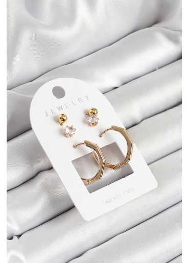 Erb Pirinç Zirkon Taş Ve Kemik Halka Figürlü Gold Renk 3\'lü Çift Kadın Küpe Set