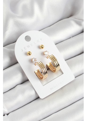 Erb Pirinç Zirkon Taş Ve Halka Figürlü Gold Renk 3\'lü Çift Kadın Küpe Set